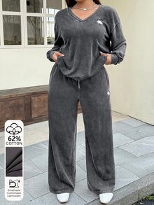 Muchica 大尺碼騎士印花長袖運動衫與寬鬆長褲兩件套 - 深灰色 - 查看 3