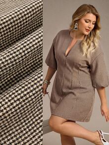 Auralis Summer Plus Size 3/4 Sleeve Cinched Waist Round Neck Slit A-Line Wool Blend Mini Dress Elegant 1920 Vintage Casual Beige Plaid Office Party Business - Khaki - View 2