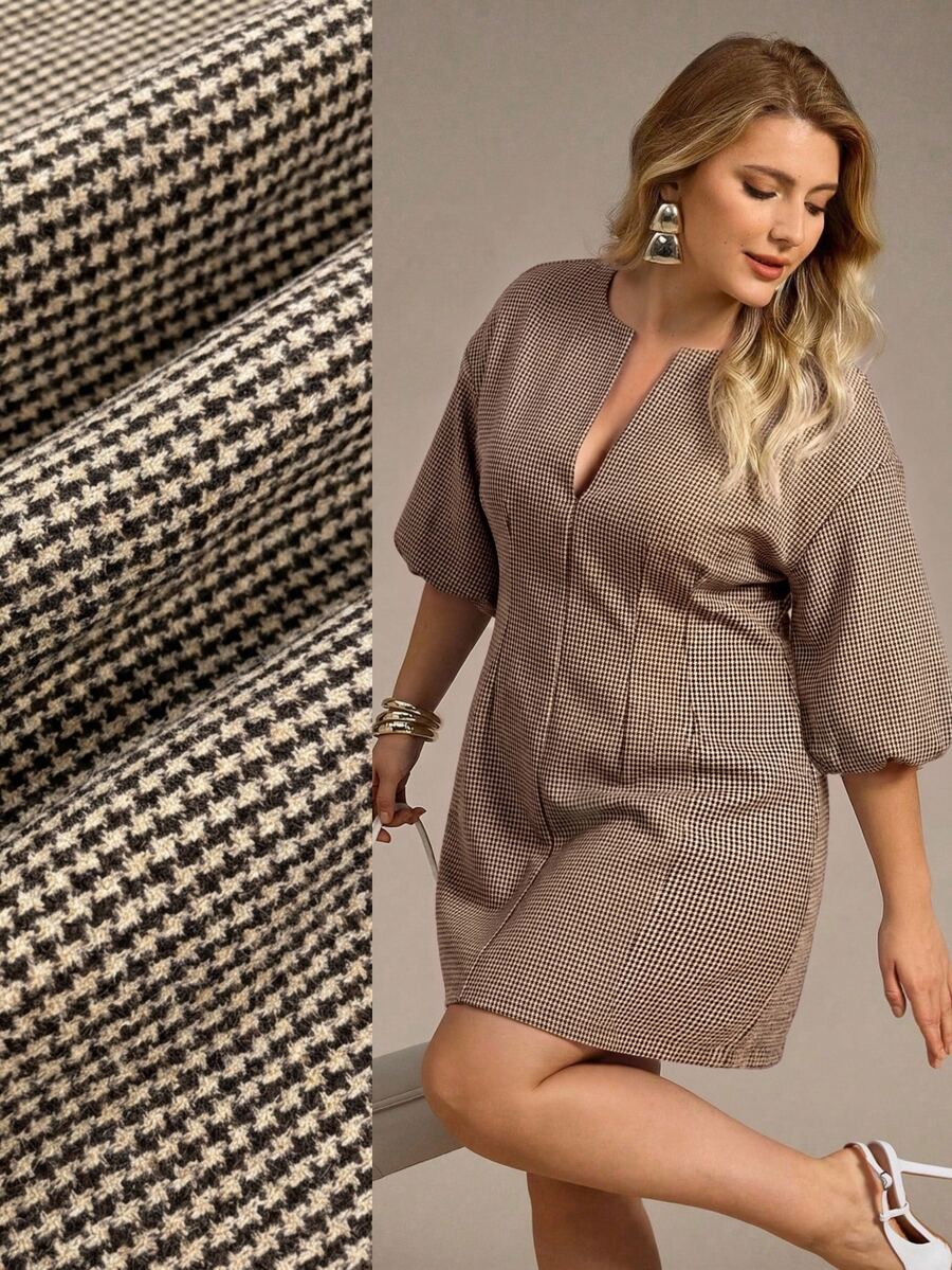 Auralis Summer Plus Size 3/4 Sleeve Cinched Waist Round Neck Slit A-Line Wool Blend Mini Dress Elegant 1920 Vintage Casual Beige Plaid Office Party Business