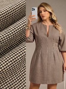 Auralis Summer Plus Size 3/4 Sleeve Cinched Waist Round Neck Slit A-Line Wool Blend Mini Dress Elegant 1920 Vintage Casual Beige Plaid Office Party Business - Khaki - View 8