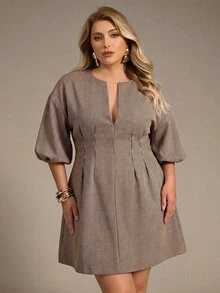 Auralis Summer Plus Size 3/4 Sleeve Cinched Waist Round Neck Slit A-Line Wool Blend Mini Dress Elegant 1920 Vintage Casual Beige Plaid Office Party Business - Khaki - View 4