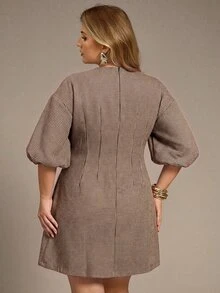 Auralis Summer Plus Size 3/4 Sleeve Cinched Waist Round Neck Slit A-Line Wool Blend Mini Dress Elegant 1920 Vintage Casual Beige Plaid Office Party Business - Khaki - View 3