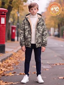 SHEIN 兒童青少年男孩休閒保暖內裡加厚寬鬆迷彩圖案連帽夾克，冬季外套，男孩服飾，基礎上衣，適合秋冬季節，校園穿搭 - 綠色 - 查看 5
