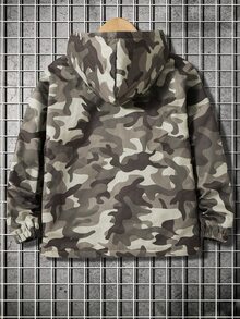 SHEIN 兒童青少年男孩休閒保暖內裡加厚寬鬆迷彩圖案連帽夾克，冬季外套，男孩服飾，基礎上衣，適合秋冬季節，校園穿搭 - 綠色 - 查看 4