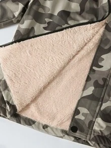 SHEIN 兒童青少年男孩休閒保暖內裡加厚寬鬆迷彩圖案連帽夾克，冬季外套，男孩服飾，基礎上衣，適合秋冬季節，校園穿搭 - 綠色 - 查看 6