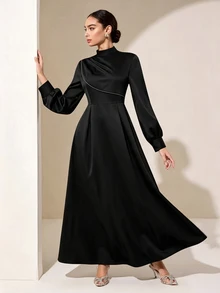 Graceveil Women Solid Black Mock Neck Long Balloon Sleeve Rhinestone Trim Fit Flare Waist Elegant Maxi Dress For Evening Party Wedding Guest Modest Wear - Black - View 7