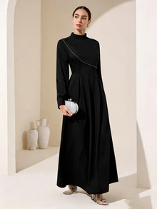 Graceveil Women Solid Black Mock Neck Long Balloon Sleeve Rhinestone Trim Fit Flare Waist Elegant Maxi Dress For Evening Party Wedding Guest Modest Wear - Black - View 6