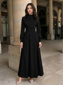 Graceveil Women Solid Black Mock Neck Long Balloon Sleeve Rhinestone Trim Fit Flare Waist Elegant Maxi Dress For Evening Party Wedding Guest Modest Wear - Black - View 2