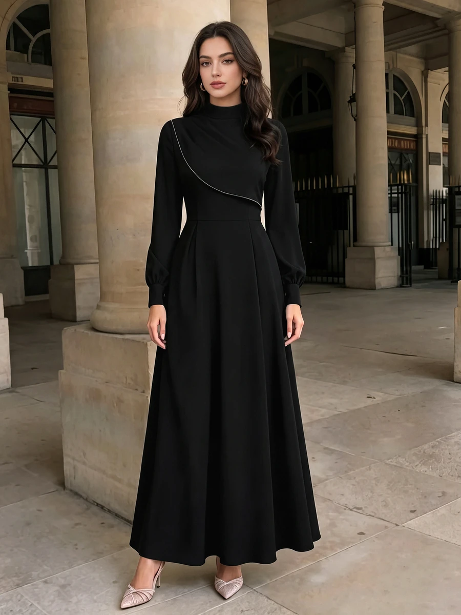 Graceveil Women Solid Black Mock Neck Long Balloon Sleeve Rhinestone Trim Fit Flare Waist Elegant Maxi Dress For Evening Party Wedding Guest Modest Wear