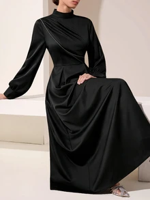 Graceveil Women Solid Black Mock Neck Long Balloon Sleeve Rhinestone Trim Fit Flare Waist Elegant Maxi Dress For Evening Party Wedding Guest Modest Wear - Black - View 5