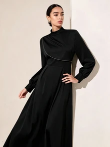 Graceveil Women Solid Black Mock Neck Long Balloon Sleeve Rhinestone Trim Fit Flare Waist Elegant Maxi Dress For Evening Party Wedding Guest Modest Wear - Black - View 4