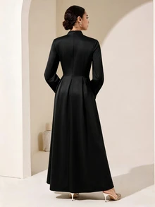 Graceveil Women Solid Black Mock Neck Long Balloon Sleeve Rhinestone Trim Fit Flare Waist Elegant Maxi Dress For Evening Party Wedding Guest Modest Wear - Black - View 3