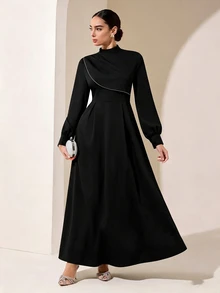 Graceveil Women Solid Black Mock Neck Long Balloon Sleeve Rhinestone Trim Fit Flare Waist Elegant Maxi Dress For Evening Party Wedding Guest Modest Wear - Black - View 9