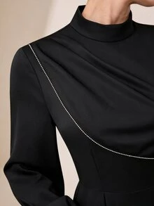 Graceveil Women Solid Black Mock Neck Long Balloon Sleeve Rhinestone Trim Fit Flare Waist Elegant Maxi Dress For Evening Party Wedding Guest Modest Wear - Black - View 8