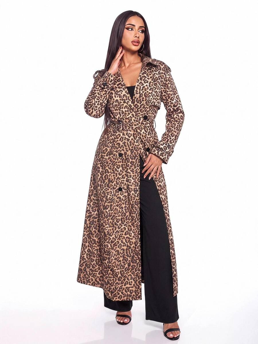 SHEIN ICON Fashionable Commuter Loose Fit Leopard Print Long Trench Coat Autumn Winter Clothes For Women - Brown - View 1