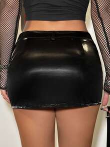 SHEIN ICON 不对称下摆超低腰紧身 PU 裙 - 黑色 - 查看 2