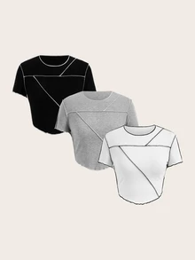 SHEIN ICON 3pcs Summer 3 Color Patchwork Asymmetrical Hem Tight Fit Short Sleeve T-Shirt With Ribbed Edge(Pack Of 3) - Multicolor - View 2