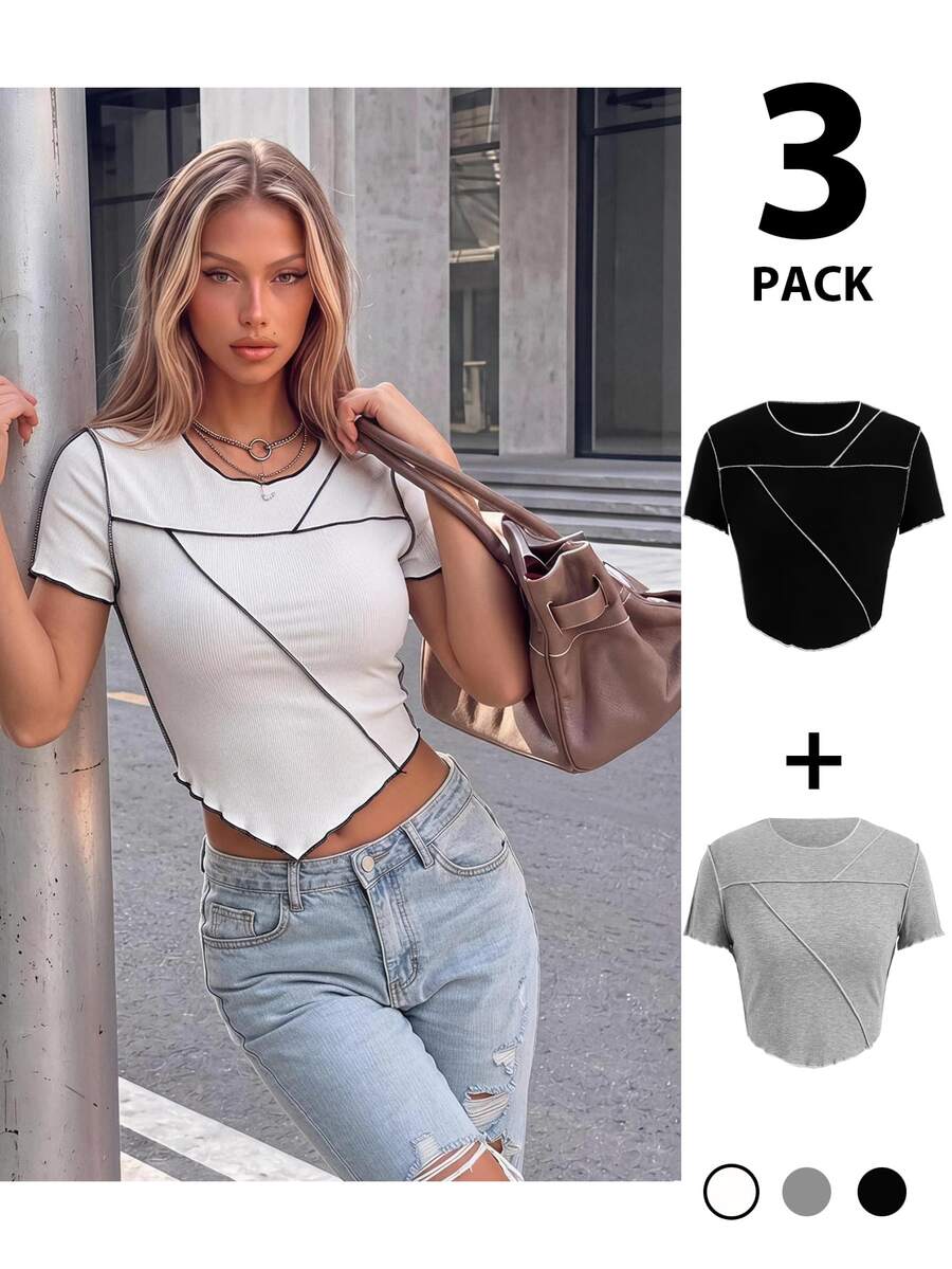 SHEIN ICON 3pcs Summer 3 Color Patchwork Asymmetrical Hem Tight Fit Short Sleeve T-Shirt With Ribbed Edge(Pack Of 3) - Multicolor - View 1