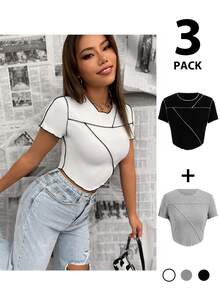 SHEIN ICON 3pcs Summer 3 Color Patchwork Asymmetrical Hem Tight Fit Short Sleeve T-Shirt With Ribbed Edge(Pack Of 3) - Multicolor - View 13