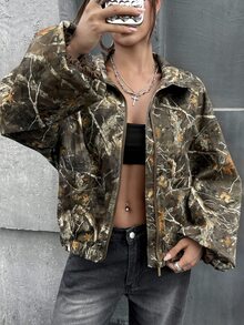 SHEIN ICON 女式 Y2K 复古树叶印花高领宽松大码长袖夹克，秋冬 - 彩色 - 查看 5