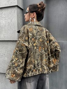 SHEIN ICON 女式 Y2K 复古树叶印花高领宽松大码长袖夹克，秋冬 - 彩色 - 查看 2
