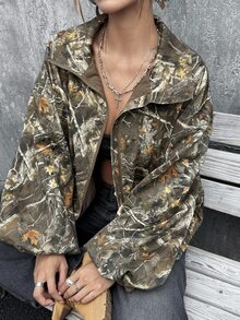 SHEIN ICON 女式 Y2K 复古树叶印花高领宽松大码长袖夹克，秋冬 - 彩色 - 查看 8