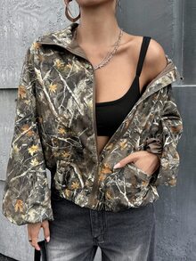 SHEIN ICON 女式 Y2K 复古树叶印花高领宽松大码长袖夹克，秋冬 - 彩色 - 查看 7