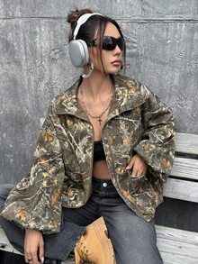 SHEIN ICON 女式 Y2K 复古树叶印花高领宽松大码长袖夹克，秋冬 - 彩色 - 查看 6