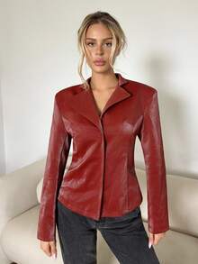 SHEIN ICON Women's Retro Cinched Waist PU Red Leather Jacket,Chic Rust Brown Faux Leather Blazer,Autumn Winter Night Out Clothes - Burgundy - View 3