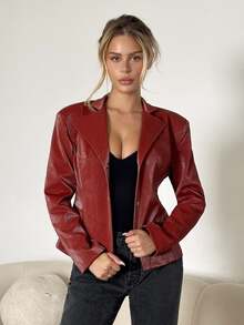 SHEIN ICON Women's Retro Cinched Waist PU Red Leather Jacket,Chic Rust Brown Faux Leather Blazer,Autumn Winter Night Out Clothes - Burgundy - View 5