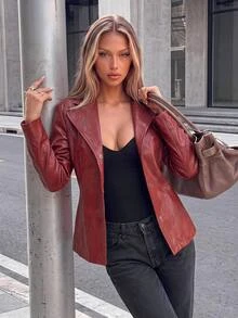 SHEIN ICON Women's Retro Cinched Waist PU Red Leather Jacket,Chic Rust Brown Faux Leather Blazer,Autumn Winter Night Out Clothes - Burgundy - View 1