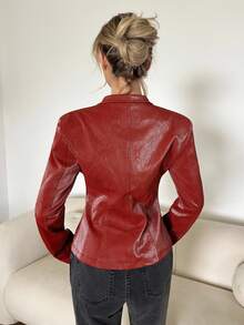 SHEIN ICON Women's Retro Cinched Waist PU Red Leather Jacket,Chic Rust Brown Faux Leather Blazer,Autumn Winter Night Out Clothes - Burgundy - View 2