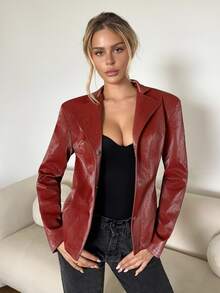 SHEIN ICON Women's Retro Cinched Waist PU Red Leather Jacket,Chic Rust Brown Faux Leather Blazer,Autumn Winter Night Out Clothes - Burgundy - View 6