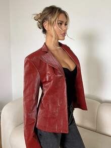 SHEIN ICON Women's Retro Cinched Waist PU Red Leather Jacket,Chic Rust Brown Faux Leather Blazer,Autumn Winter Night Out Clothes - Burgundy - View 7