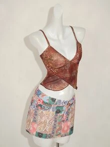 SHEIN ICON 修身佩斯利拼布印花迷你紧身半身裙 - 卡其色 - 查看 6
