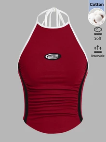 SHEIN ICON 女款字母印花百褶休閒掛脖背心 - 酒紅色 - 查看 6