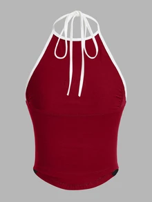 SHEIN ICON 女款字母印花百褶休閒掛脖背心 - 酒紅色 - 查看 2