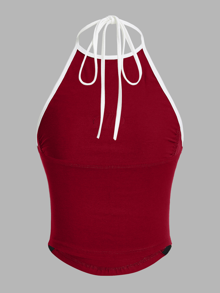 SHEIN ICON Women's Letter Print Pleated Casual Halter Neck Tank Top - Burgundy - View 2