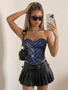 SHEIN ICON Strapless Striped Paisley Print Patchwork Top For Women - Multicolor - View 1