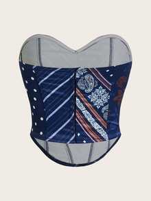 SHEIN ICON Strapless Striped Paisley Print Patchwork Top For Women - Multicolor - View 2