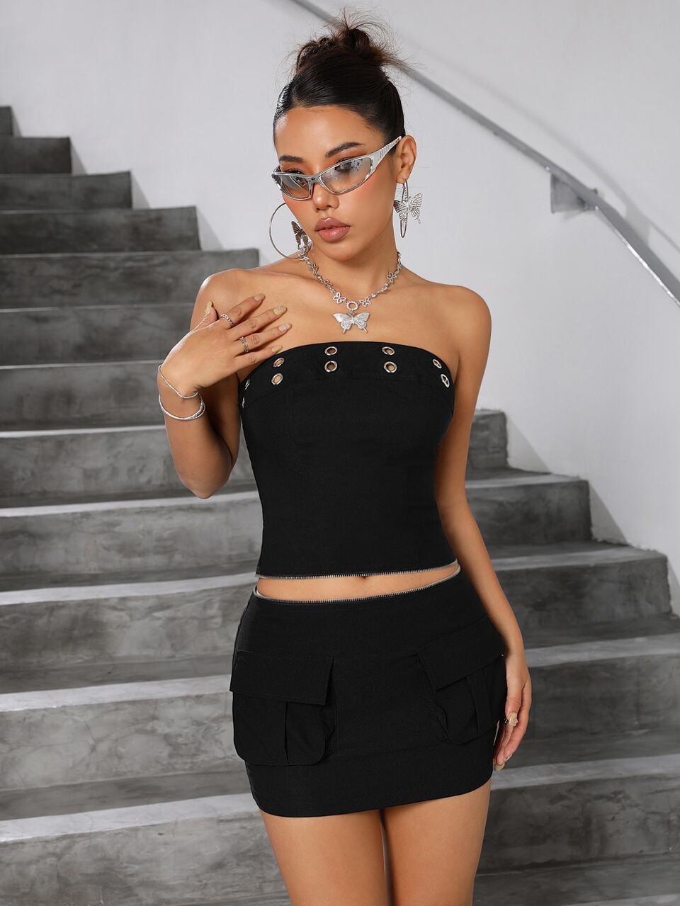 2pcs/Set Metal Eyelets Tube Top And Low Waist Cargo Style Skirt With Pockets