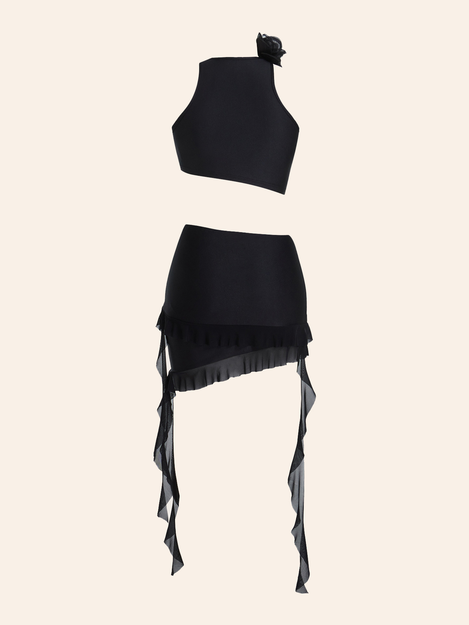 Y2k Spring Black Slim Fit 3d Flower Ribbon Decor Asymmetric Two-Piece Set