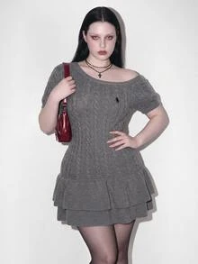 SHEIN ICON 大尺碼 Y2K 傳統優雅復古灰色 2 合 1 針織上衣，喇叭袖，復古夏季風格，適合約會、學校、大學 - 灰色 - 查看 2
