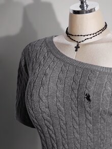 SHEIN ICON 大尺碼 Y2K 傳統優雅復古灰色 2 合 1 針織上衣，喇叭袖，復古夏季風格，適合約會、學校、大學 - 灰色 - 查看 7