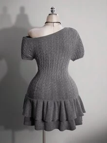 SHEIN ICON 大尺碼 Y2K 傳統優雅復古灰色 2 合 1 針織上衣，喇叭袖，復古夏季風格，適合約會、學校、大學 - 灰色 - 查看 9