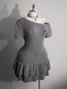 SHEIN ICON 大尺碼 Y2K 傳統優雅復古灰色 2 合 1 針織上衣，喇叭袖，復古夏季風格，適合約會、學校、大學 - 灰色 - 查看 5
