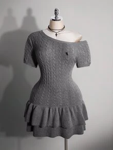 SHEIN ICON 大尺碼 Y2K 傳統優雅復古灰色 2 合 1 針織上衣，喇叭袖，復古夏季風格，適合約會、學校、大學 - 灰色 - 查看 3