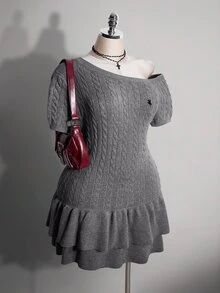 SHEIN ICON 大尺碼 Y2K 傳統優雅復古灰色 2 合 1 針織上衣，喇叭袖，復古夏季風格，適合約會、學校、大學 - 灰色 - 查看 4