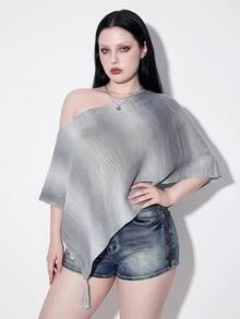 SHEIN ICON Plus-Size Retro Y2K-Style Knit Top With Asymmetrical Neckline And Hem, Featuring A Gradient Design-A Casual Autumn Top Perfect For Back-To-School. - Multicolor - View 1