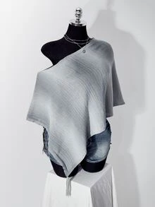 SHEIN ICON Plus-Size Retro Y2K-Style Knit Top With Asymmetrical Neckline And Hem, Featuring A Gradient Design-A Casual Autumn Top Perfect For Back-To-School. - Multicolor - View 7